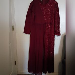 Ayse Melek Women's Elegant Burgundy Maxi Dress With Sequin Design Sz 46 18/20